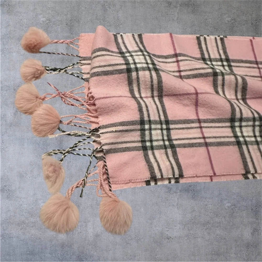 Preston‎ & York Plaid Scarf Womens 64x10 Pink Rabbit Fur Pom Pom Fringe